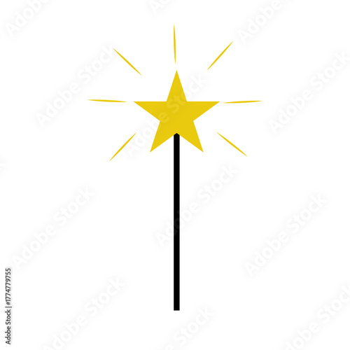 Simple Flat Design Vector Illustration of a Black Magic Wand Topped with a Bright Yellow Star Emitting Golden Sparkles, Symbolizing Fairy Tales, Wishes, and Illusions.