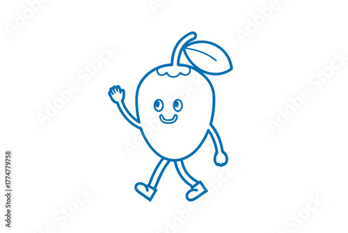 Smiling mango fruit character in blue outline walks, waving its hand cheerfully