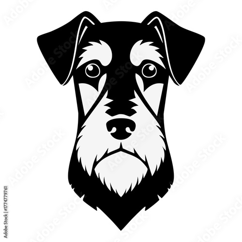 Detailed Vector Portrait in Black and White of a Miniature Schnauzer Dog Head, Featuring a Stylized Beard, Eyebrows, and Expressive Eyes, Perfect for Pet-Themed Logos or Breed Guides