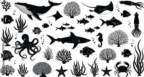 Underwater marine silhouettes, ocean animals and coral, black sea life icons, aquatic vector illustration for design, education, biology, and decoration