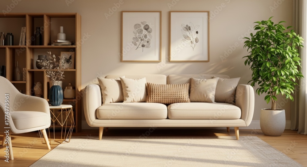Fototapeta premium Inviting beige color palette modern living space with plant accents