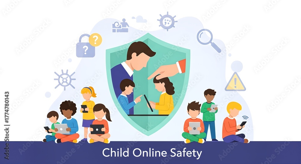 Obraz premium Child Online Safety Illustration: Diverse Children with Devices Protected by Parental Guidance
