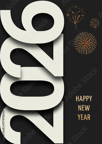 2026 Happy New Year with Fireworks on Black Background