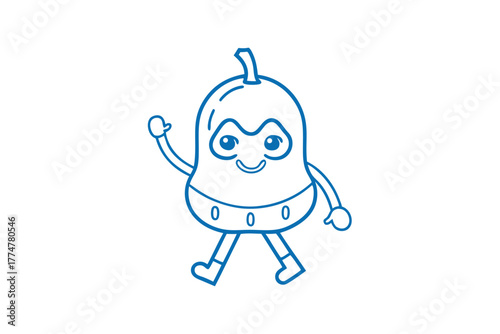 Smiling cartoon loquat character waves hello, merrily walking against the white space behind it