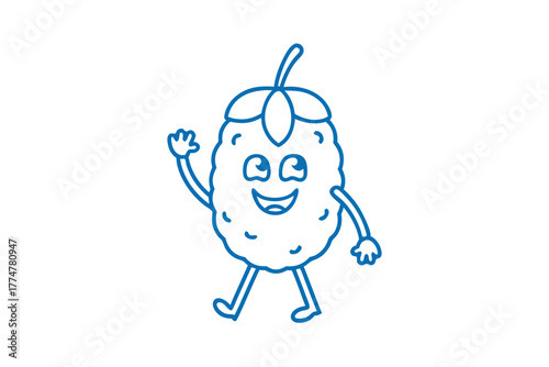 Happy cartoon raspberry character cheerfully waving with blue outline against a white backdrop
