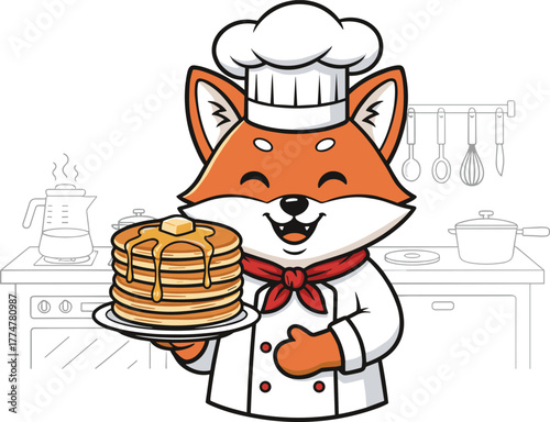 Cute cartoon fox chef holding pancakes with butter and syrup, adorable animal cooking illustration in kitchen background