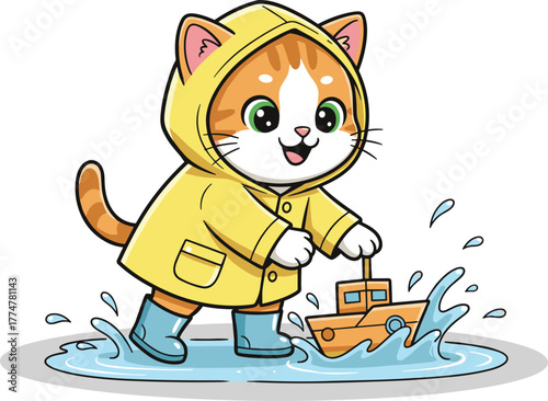 Cute cat in yellow raincoat playing with toy boat, rainy day cartoon illustration, adorable kitten splashing in puddle