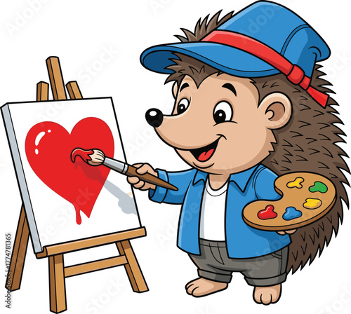 Cute hedgehog painting red heart on canvas, adorable animal artist illustration, creative cartoon character drawing with colorful palette and brush