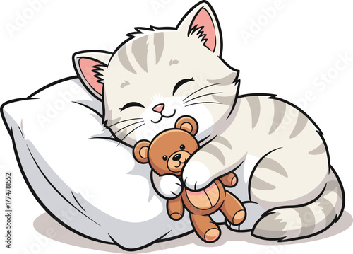 Cute sleeping kitten hugging teddy bear on pillow, adorable cartoon cat illustration, cozy bedtime animal art for kids