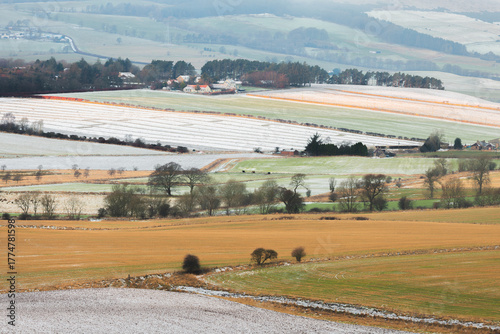 A patchwork of frosty fields in rural countryside stretches across the rolling farmland near Kennoway in Fife, Scotland with a view to the distant Lomond Hills on a calm winter morning.