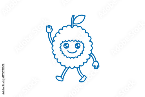 Outlined rambutan fruit cartoon character is walking and raising its arm happily on white