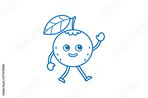 Cute orange fruit character is happily waving his hand on a white background