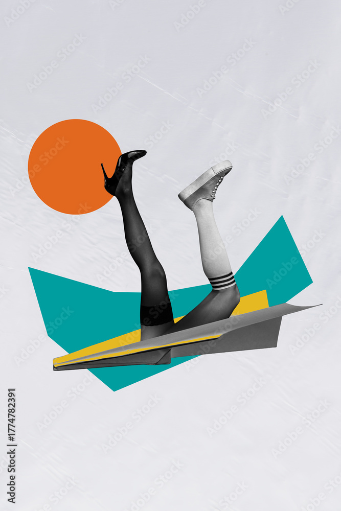 Fototapeta premium Vertical trend artwork collage of anonym bodyless female legs wear stocking heels sneakers fly paper plane aircraft travel