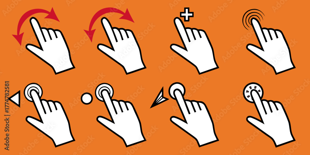 Fototapeta premium Set of Hand Gesture UI Icons for Touchscreens: Tap, Pinch, Swipe, Zoom, Rotate, and Drag Multi-Touch Interface Commands