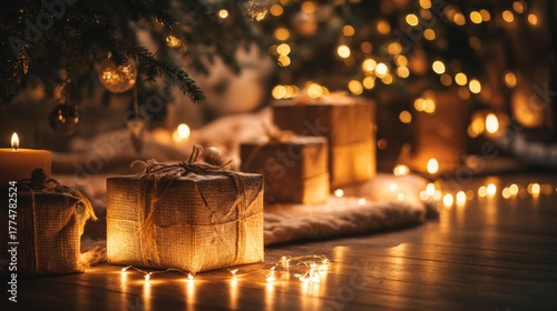 Christmas gifts with candlelight and glowing fairy lights under tree