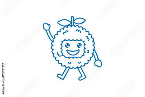 The cute rambutan cartoon character cheerfully walks with a smile and waves hello