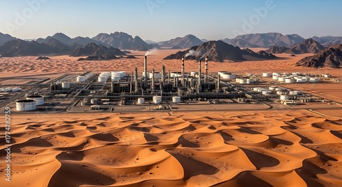 Aerial View of Oil Refinery Near Desert Mountains