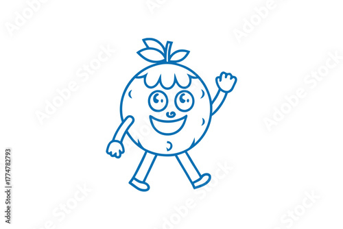 Joyful fruit character walks happily waving hello using its cute, blue line art style