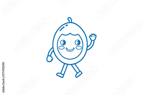 Joyful blue cartoon fruit is walking cheerfully and waving its hand on white background