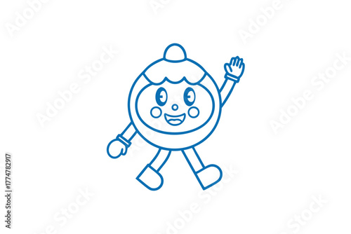 Joyful blue character with a round face and wavy hair cheerfully waves hello