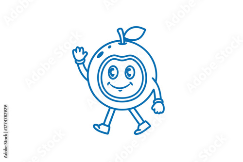 Happy outline orange character waves hello as it walks toward the viewer in blue