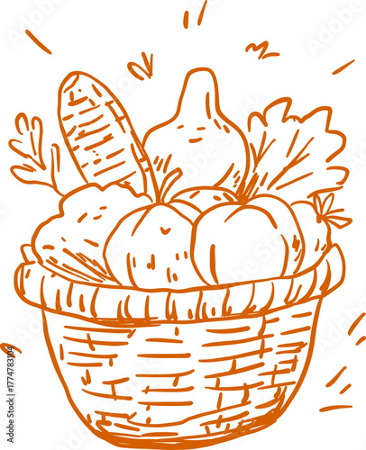 Harvest Basket with Fruits and Leaves Autumn Bounty Line Icon