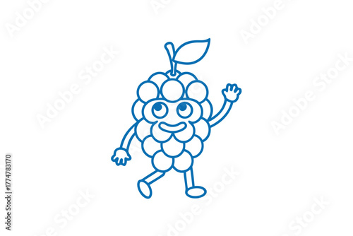 Smiling raspberry cartoon character with leaf is walking and waving its hand happily