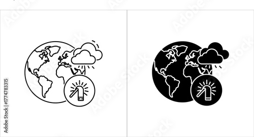 Stylized earth with clouds, rain, and a warning light, one outlined and one solid black