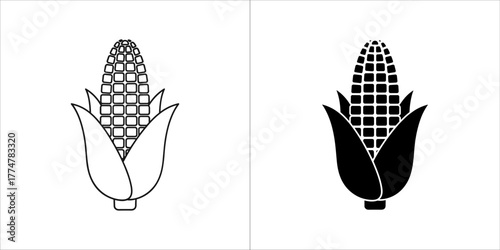 Corn cob with leaves, line art and silhouette