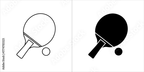 Ping pong paddle and ball icon, black and white outline and silhouette