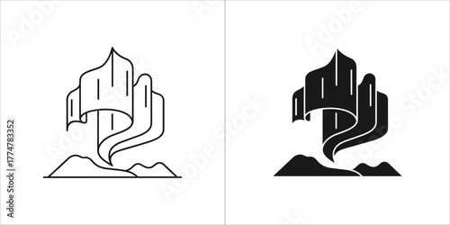 Aurora borealis icon, northern lights over mountains, black and white outline and silhouette