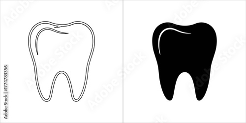 Tooth icon, black and white outline and solid fill