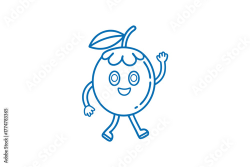 Joyful blue cartoon orange is waving its hand while walking happily forward