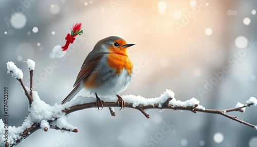 A whimsical winter scene featuring a festive robin perched on a snow-dusted branch,  fauna,  bird