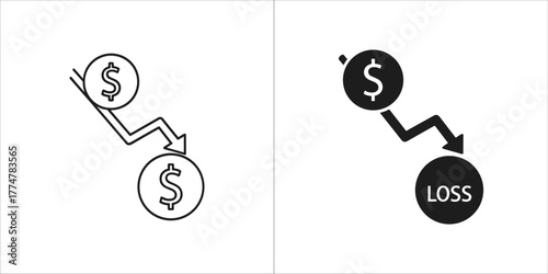 Financial loss concept with downward trending dollar coins