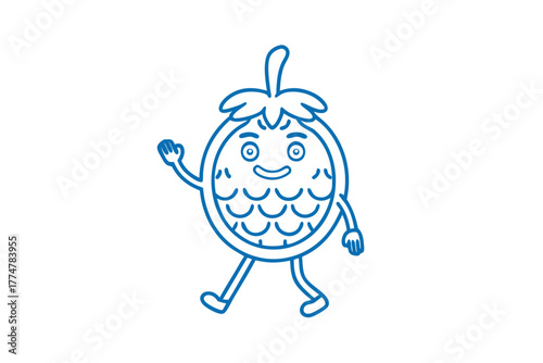 Stylized cute pineapple is happily walking forward with a cheerful wave gesture and friendly demeanor