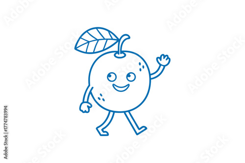 Cheerful tangerine cartoon character is happily walking and waving its hand at someone