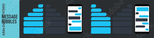 Smartphone, chatting sms app template bubbles. Place your own text to the message clouds. Social network messenger page template. DARK OR NIGHT MODE. Message Flat Bubbles