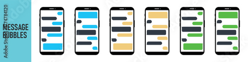 Smartphone, chatting sms app template bubbles. Place your own text to the message clouds. Social network messenger page template. DARK OR NIGHT MODE. Message Flat Bubbles