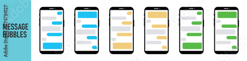 Smartphone, chatting sms app template bubbles. Place your own text to the message clouds. Social network messenger page template. DARK OR NIGHT MODE. Message Flat Bubbles