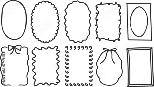 Set of outline scallop frame border in doodle style. Retro frame with wavy border. Brush hand drawn oval and rectangle