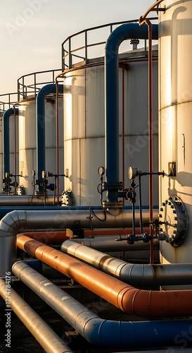 Close-up of Oil Storage Tanks and Pipelines