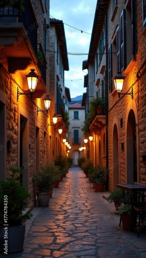 Fototapeta premium Narrow street lit by lamps stone buildings line the path