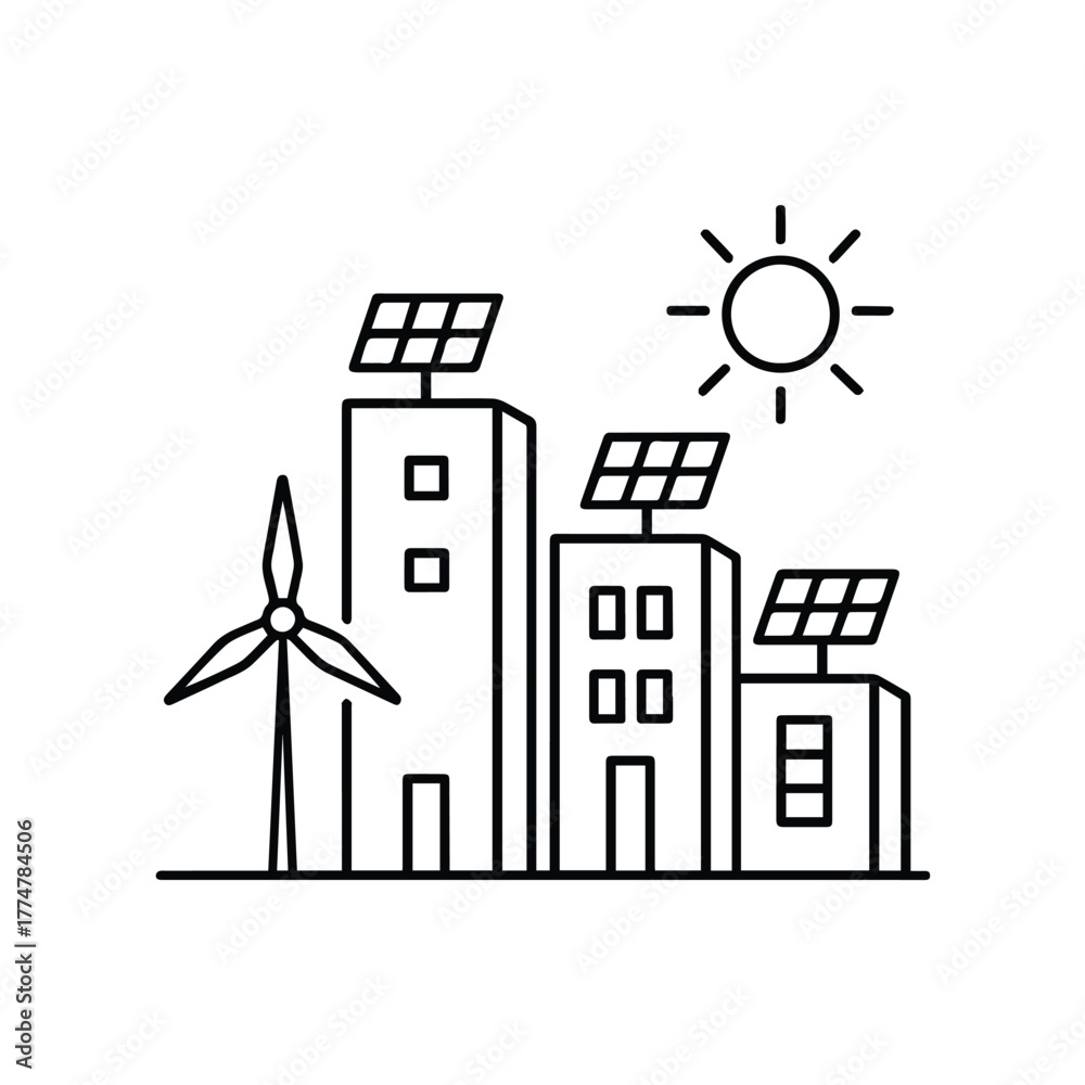 Naklejka premium Renewable Energy Line Icon, Solar Panel, Wind Turbine, and Hydrogen H2 Storage Vector Illustration