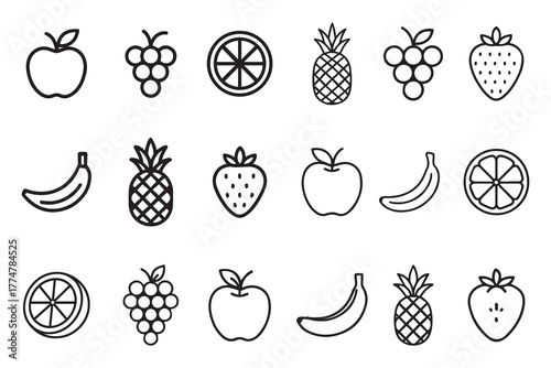 Fruit Line Icons Set, Apple, Banana, Pineapple, Strawberry, Grape, and Orange Outline Vector Illustration