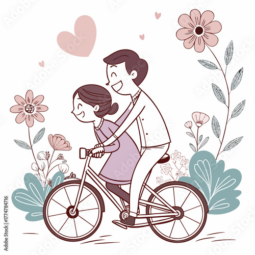 Couple riding bicycle together with flower