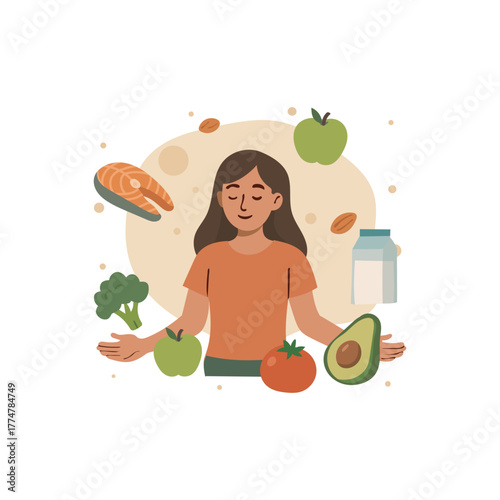 Healthy eating and wellness illustration. Woman surrounded by vegetables and fruit, great for nutrition, wellness, and lifestyle content.