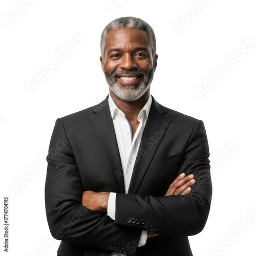 Smiling mature african american man in a black suit and white shirt with arms crossed isolated on transparent background