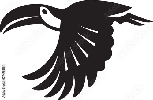 Black silhouette of a flying toucan bird vector illustration, Exotic tropical bird design vector