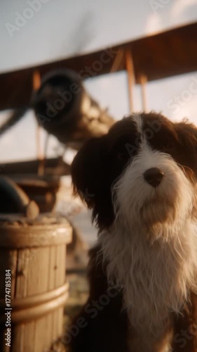 A fluffy dog, possibly a terrier mix,  in front of a vintage biplane